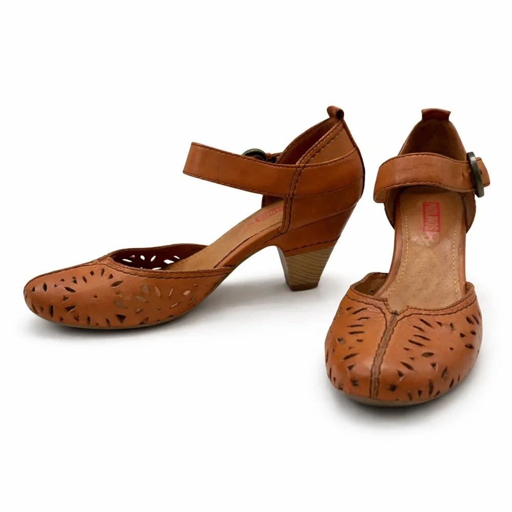 PIKOLINOS Spain Leather Comfort Heels Brown Cut-Out Ankle Strap Boho Pumps EU 37 - Picture 3 of 17